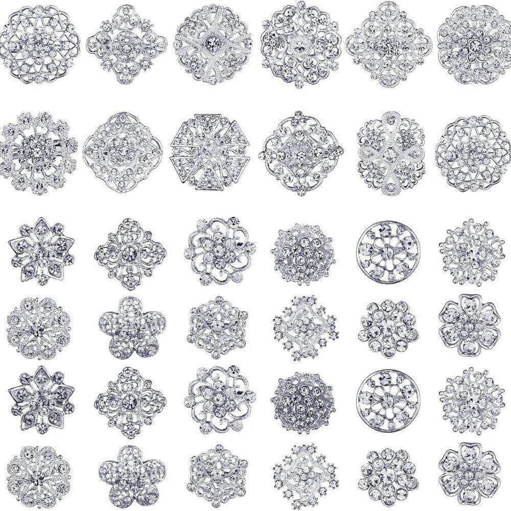 36 Pcs Clear Rhinestone Brooches Jewelry DIY Wedding Flowers Silver